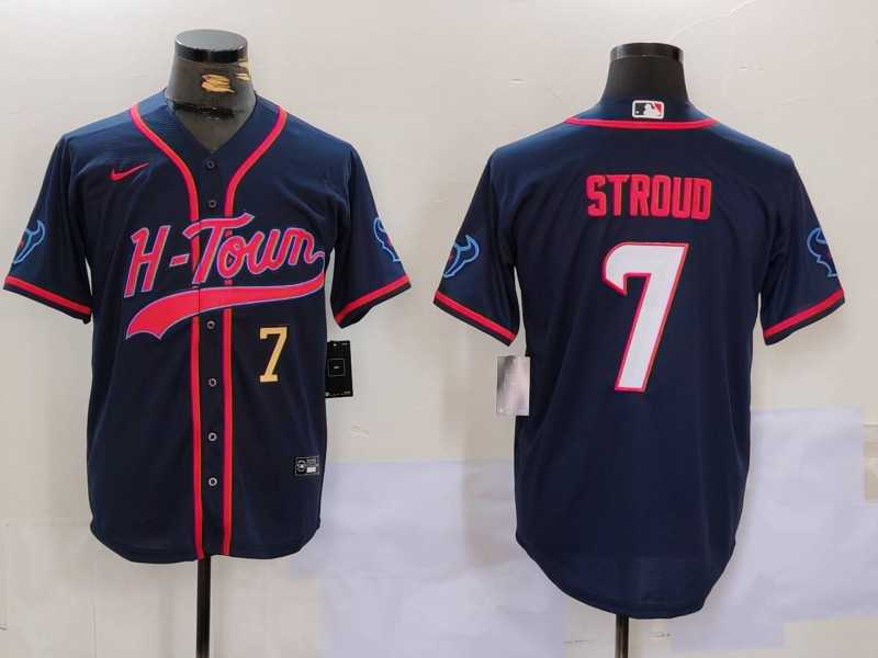 Mens Houston Texans #7 C.J. Stroud Navy With Patch Cool Base Stitched Baseball Jerseys